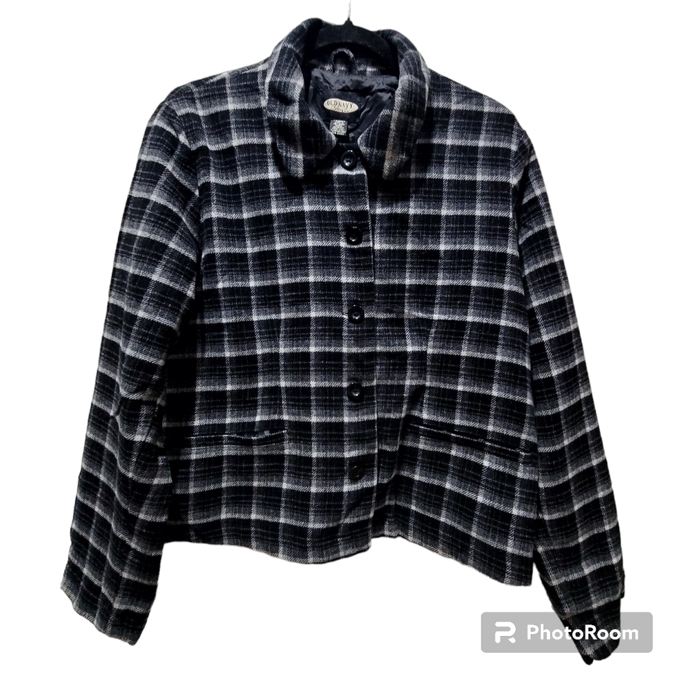 Vintage Old Navy Large Plaid Black Gray Wool Blend Blazer